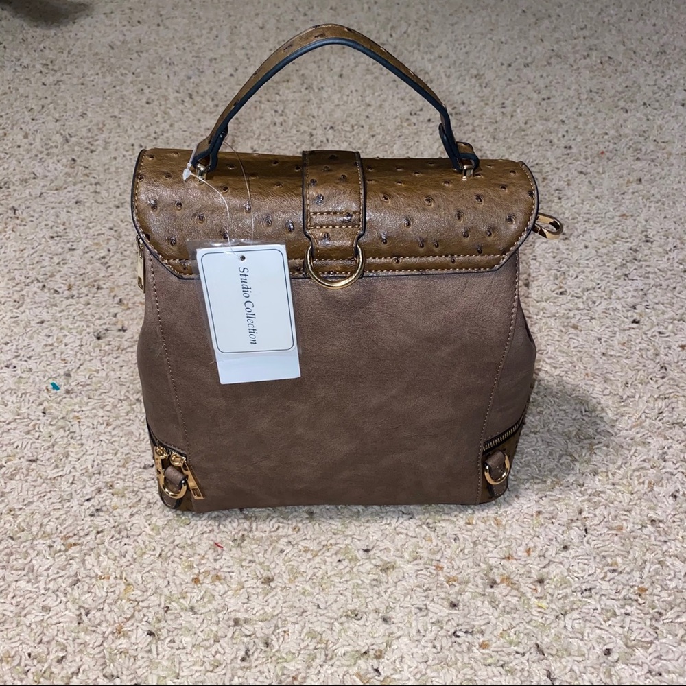 KHAKI OSTRICH VEGAN BACKPACK PURSE - Picture 4 of 10